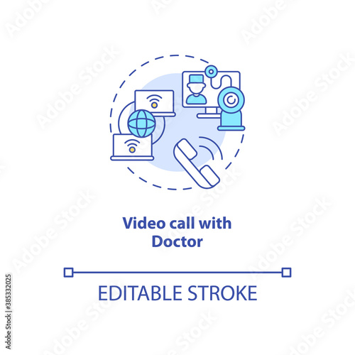 Video call with doctor concept icon. Telemedical consultation steps. Inovational medical service. Remote doctor idea thin line illustration. Vector isolated outline RGB color drawing. Editable stroke