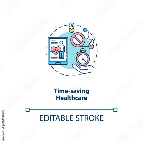 Time saving healthcare concept icon. Telemedical consultation step. Emergency doctor access. Futuristic medicine idea thin line illustration. Vector isolated outline RGB color drawing. Editable stroke