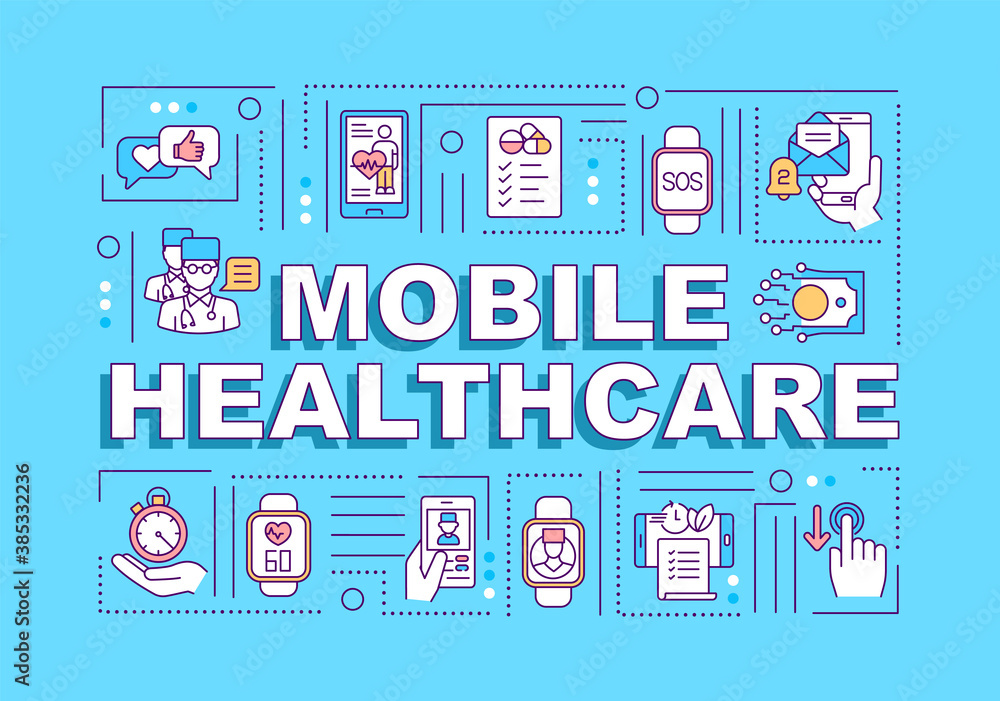 Mobile healthcare word concepts banner. Medical app for doctors, patients. Digital health. Infographics with linear icons on blue background. Isolated typography. Vector outline RGB color illustration Mobile healthcare word concepts banner. Medical app for doctors, patients. Digital health. Infographics with linear icons on blue background. Isolated typography. Vector outline RGB color illustration