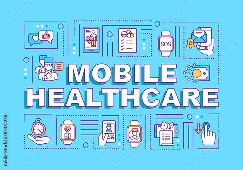 Mobile healthcare word concepts banner. Medical app for doctors, patients. Digital health. Infographics with linear icons on blue background. Isolated typography. Vector outline RGB color illustration