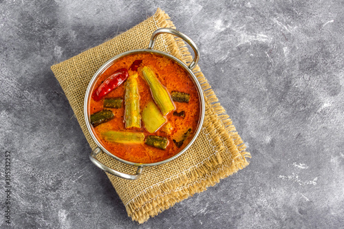 Traditional South Indian Sambar in Skillet Top Down Horizontal Photo