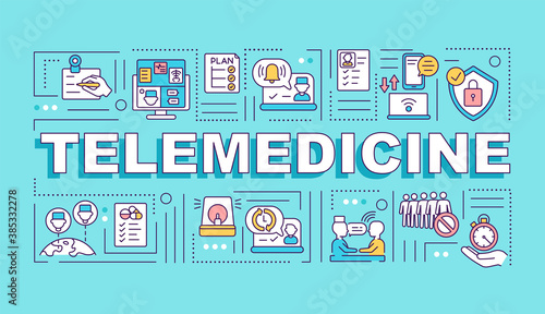 Telemedicine word concepts banner. Remote clinical services. Real-time consultation. Infographics with linear icons on blue background. Isolated typography. Vector outline RGB color illustration