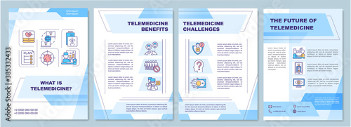 Telemedicine definition brochure template. Benefits and challenges. Flyer, booklet, leaflet print, cover design with linear icons. Vector layouts for magazines, annual reports, advertising posters