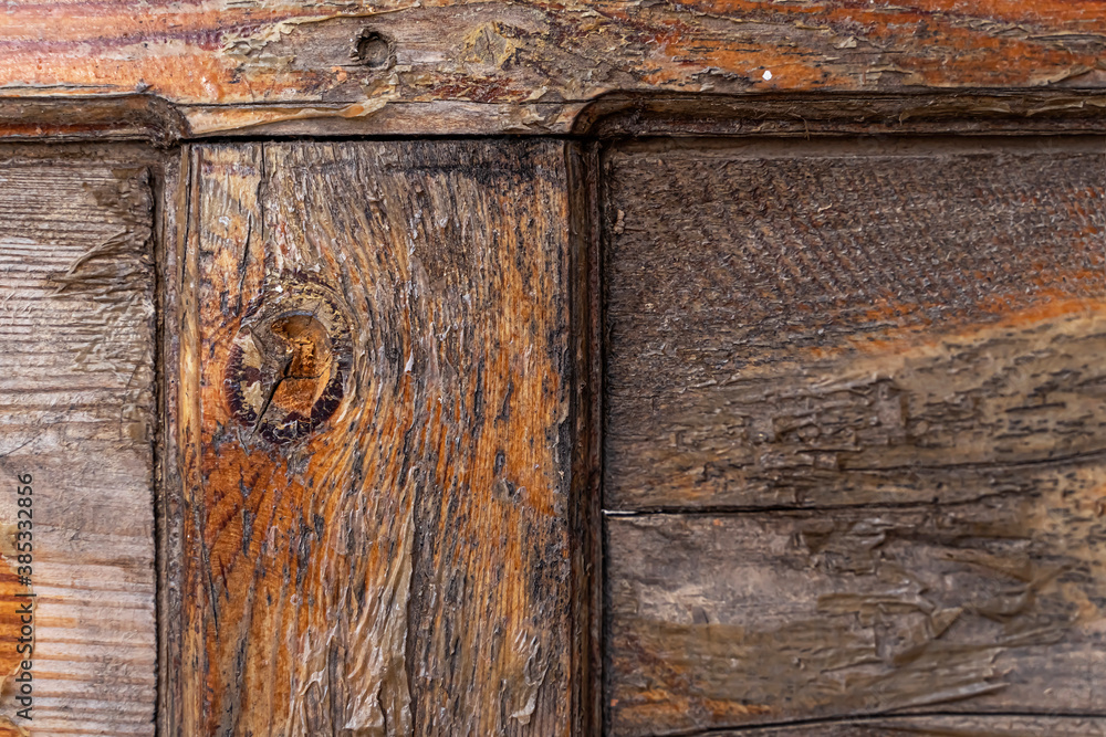 Old wood grain surface. Fragment of an old wooden door. Abstract wooden grunge background. Grungy wood texture. Deep cracks on a wooden surface. Peeling paint on an old wooden surface Old wood grain surface. Fragment of an old wooden door. Abstract wooden grunge background. Grungy wood texture. Deep cracks on a wooden surface. Peeling paint on an old wooden surface