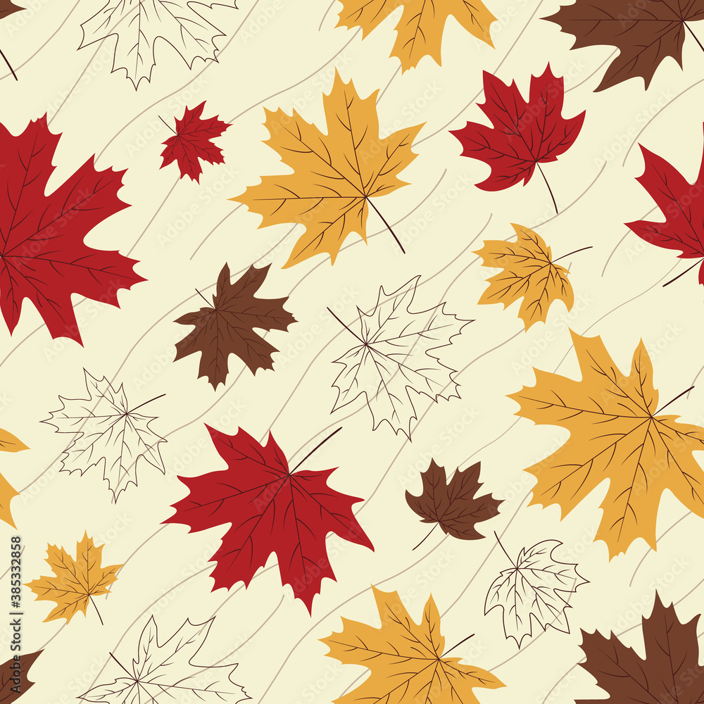 Vibrant Fall Seamless Pattern With Yellow, Brown And Red Maple Leaves 