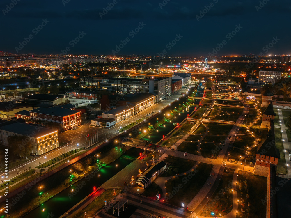 Tula embankment, promenade in the Park at night, aerial view from drone