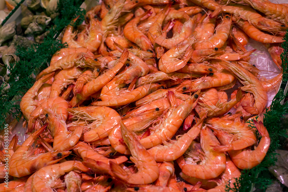 Closeup of fresh shrimps stack at the supermarket Closeup of fresh shrimps stack at the supermarket