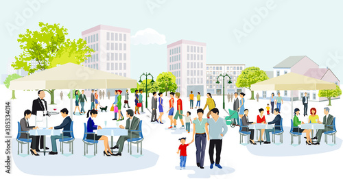 sonniger Platz mit Menschen Restaurants und  Cafes