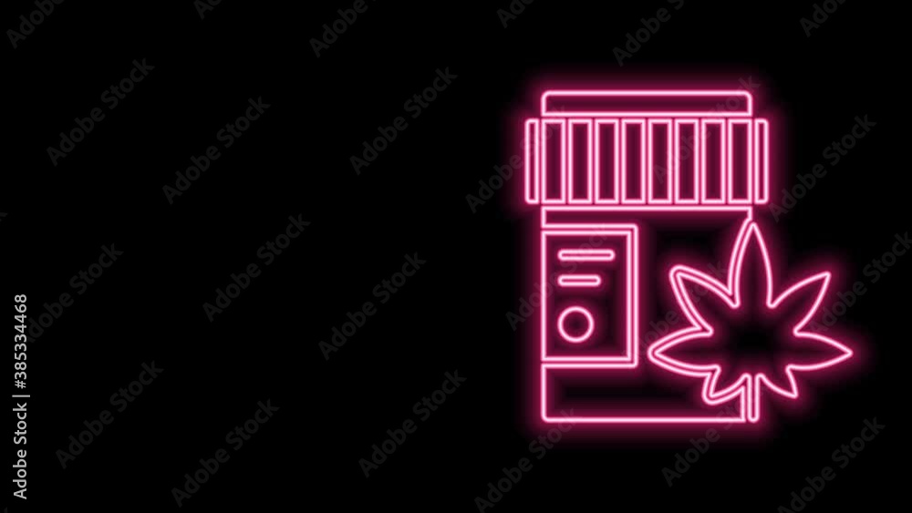 Glowing neon line Medical bottle with marijuana or cannabis leaf icon isolated on black background. Mock up of cannabis oil extracts in jars. 4K Video motion graphic animation Glowing neon line Medical bottle with marijuana or cannabis leaf icon isolated on black background. Mock up of cannabis oil extracts in jars. 4K Video motion graphic animation