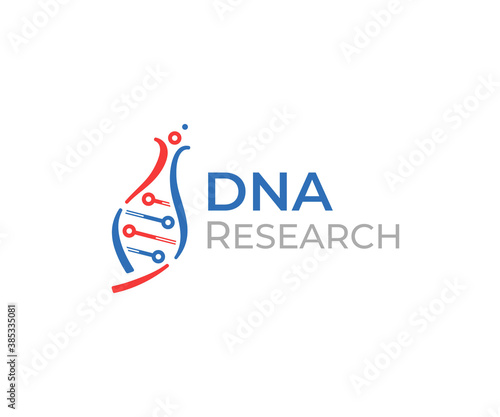 Scientific technology logo design. Medical biochemistry laboratory vector design. Human DNA with lab flask logotype