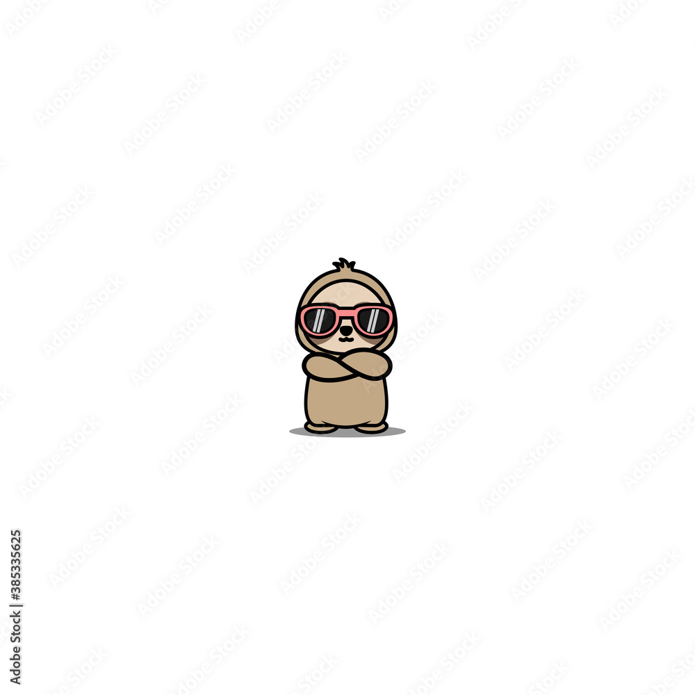 Fototapeta premium Cute sloth with sunglasses crossing arms cartoon, vector illustration