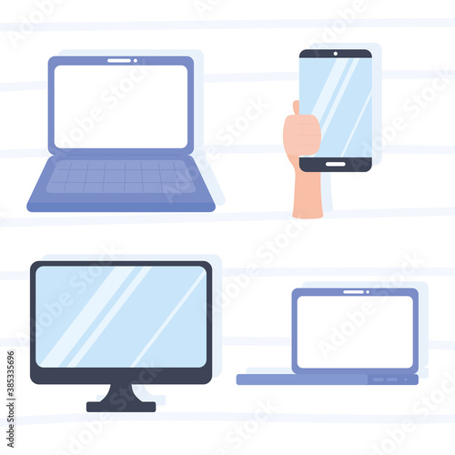laptop computer monitor hand with smartphone devices