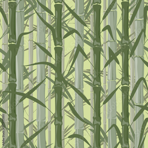Fototapeta Naklejka Na Ścianę i Meble -  Bamboo forest. Monochrome seamless pattern. Vector illustration on light green background. Texture or pattern for Wallpaper, fabrics, wrapping paper in an eco - friendly theme.