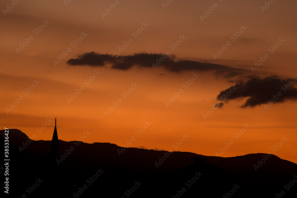 Red sky and clouds in the evening. Sunset.