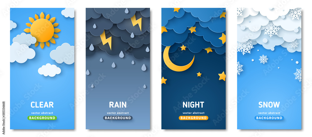 Vertical posters set with fluffy clouds. Weather forecast app widgets. Thunderstorm, rain, sunny day, night and winter snow. Vector illustration. Paper cut style. Place for text - obrazy, fototapety, plakaty 