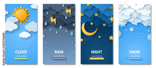 Vertical posters set with fluffy clouds. Weather forecast app widgets. Thunderstorm, rain, sunny day, night and winter snow. Vector illustration. Paper cut style. Place for text