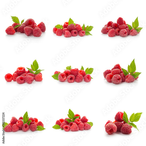 Raspberries collection with leaf isolated on white background