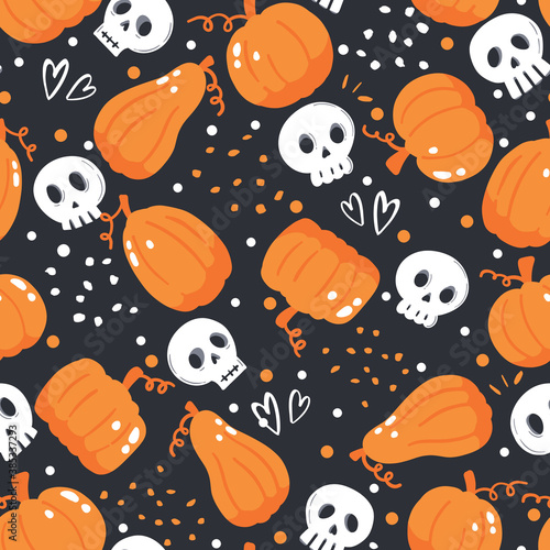 Seamless pattern for Halloween in orange, black and white colors with cute handdrawn characters. Simple pumpkins and sculls