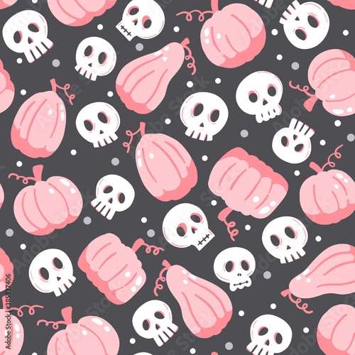 Seamless pattern for Halloween in pink, black and white colors with cute handdrawn characters. Pumpkins and sculls