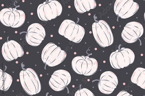Seamless pattern with white pumpkins on drak background. Repeat tile