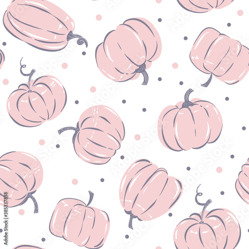 Simple seamless pattern with pink pumpkins on white background.