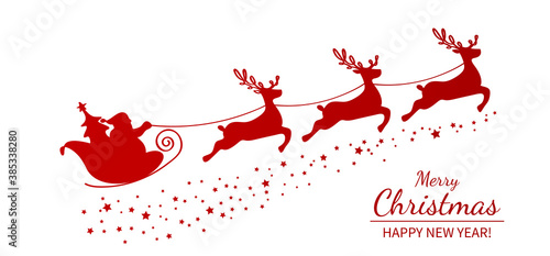 Christmas poster or packaging. Santa Claus on a sleigh with reindeer drawn by one continuous line.