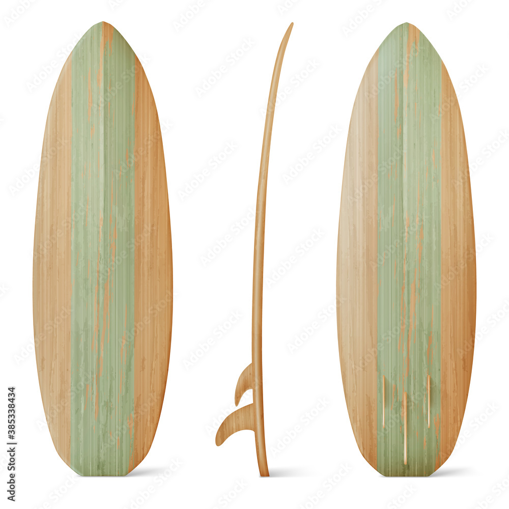 Wooden surfboard front, side and back view. Vector realistic mockup of wood board for summer beach activity, surfing on sea waves. Leisure sport equipment isolated on white background Wooden surfboard front, side and back view. Vector realistic mockup of wood board for summer beach activity, surfing on sea waves. Leisure sport equipment isolated on white background