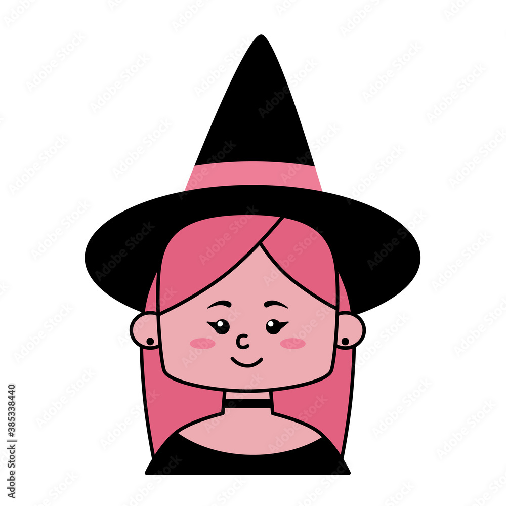 Cute girl witch with pink hair in a hat isolated on white background. Flat design for poster or t-shirt. Vector illustration
