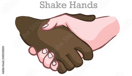 Black and white hands shake hands. Agreement, contract, handshake for peace. Afro American and white human deal. clasp. Icon, symbol draw. White blank background. Illustration vector