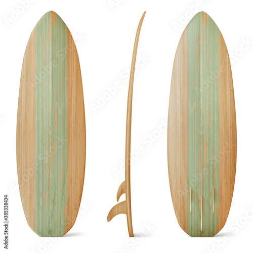 Wooden surfboard front, side and back view. Vector realistic mockup of wood board for summer beach activity, surfing on sea waves. Leisure sport equipment isolated on white background
