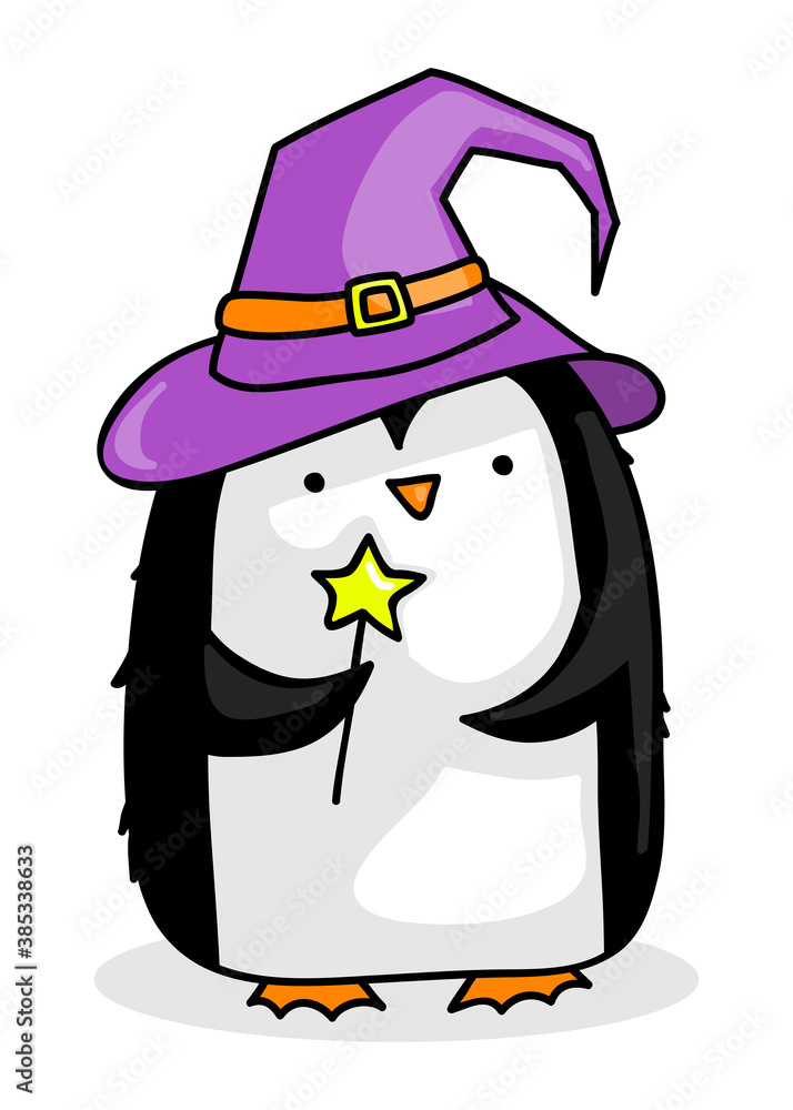 Cute cartoon penguin with hat and magic wand