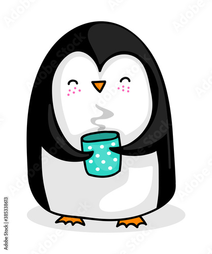 Cute cartoon penguin having a hot cup of tea