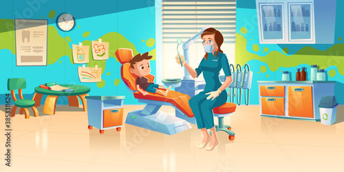 Child at dentist office. Little boy patient at dental clinic for kids, female doctor in medic robe and mask sitting at chair with mirror for teeth and oral cavity checkup. Cartoon vector illustration