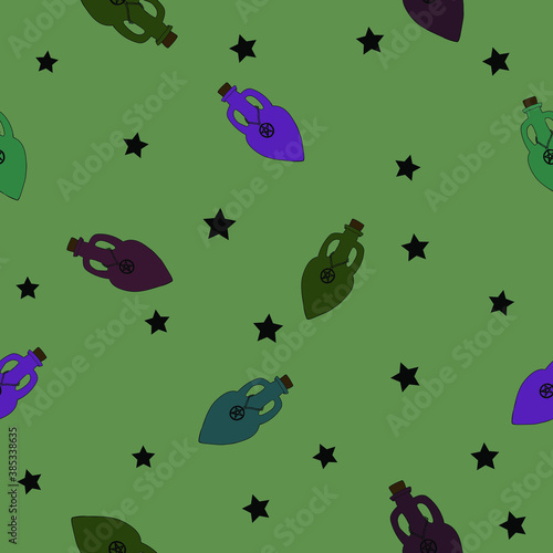 Magical  bottle for potion and stars. Seamless pattern with witch object Mystical illustration .Vector card on color green background.  Perfect for background, e wrapping paper, textile, print.  © Anna Eshka