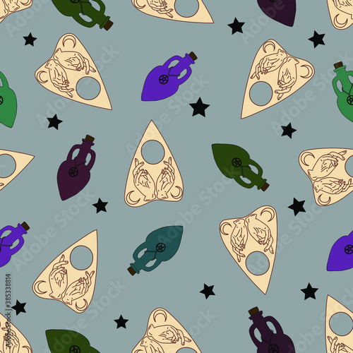 Magical art Ouija board object and bottle for potion and stars. Seamless pattern with witch object Mystical illustration .Vector card on color background. Perfect for background,  wrapping paper 