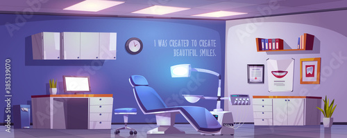 Dentist office, dental clinic practice room interior, stomatology cabinet, orthodontist workplace with modern chair equipped with integrated engine and surgical light unit, cartoon vector illustration