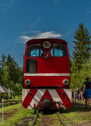 Narrow gauge railway in Balnica station in Poland mountains in summer sunny day photo