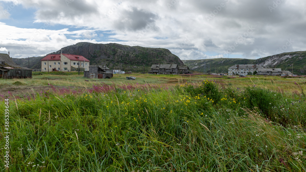 Houses in the village of Teriberka on the Barents sea coast, Russia, August 2020