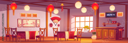 Chinese restaurant interior, empty cafe in traditional asian style with red and gold decor, lanterns, sakura pictures, cashier desk, cafeteria with wooden tables and chairs Cartoon vector illustration