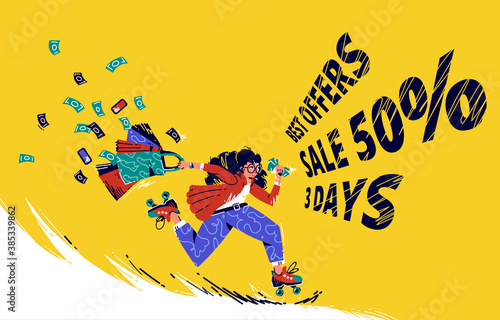 Sale offer banner with running girl on rolling skates with shopping bags and flying money bills. Special offer for retail store with hurry shopaholic woman run for purchase, Vector line art ad poster