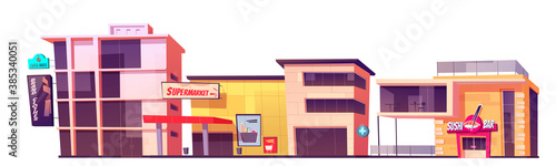 Store buildings, brand clothes shop, supermarket, coffee house and sushi bar facade. Modern city architecture exterior, market place front view isolated on white background Cartoon vector illustration