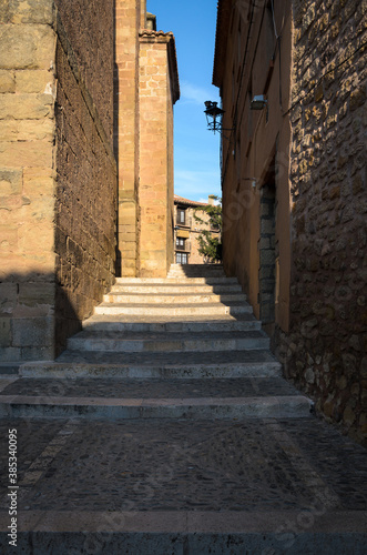 Street of the historical village of Mora de Rubielos, Teruel, Spain