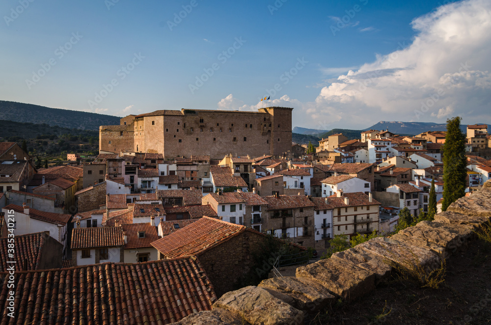 Mora de Rubielos city skyline with a view of the historical buildings, Teruel, Spain