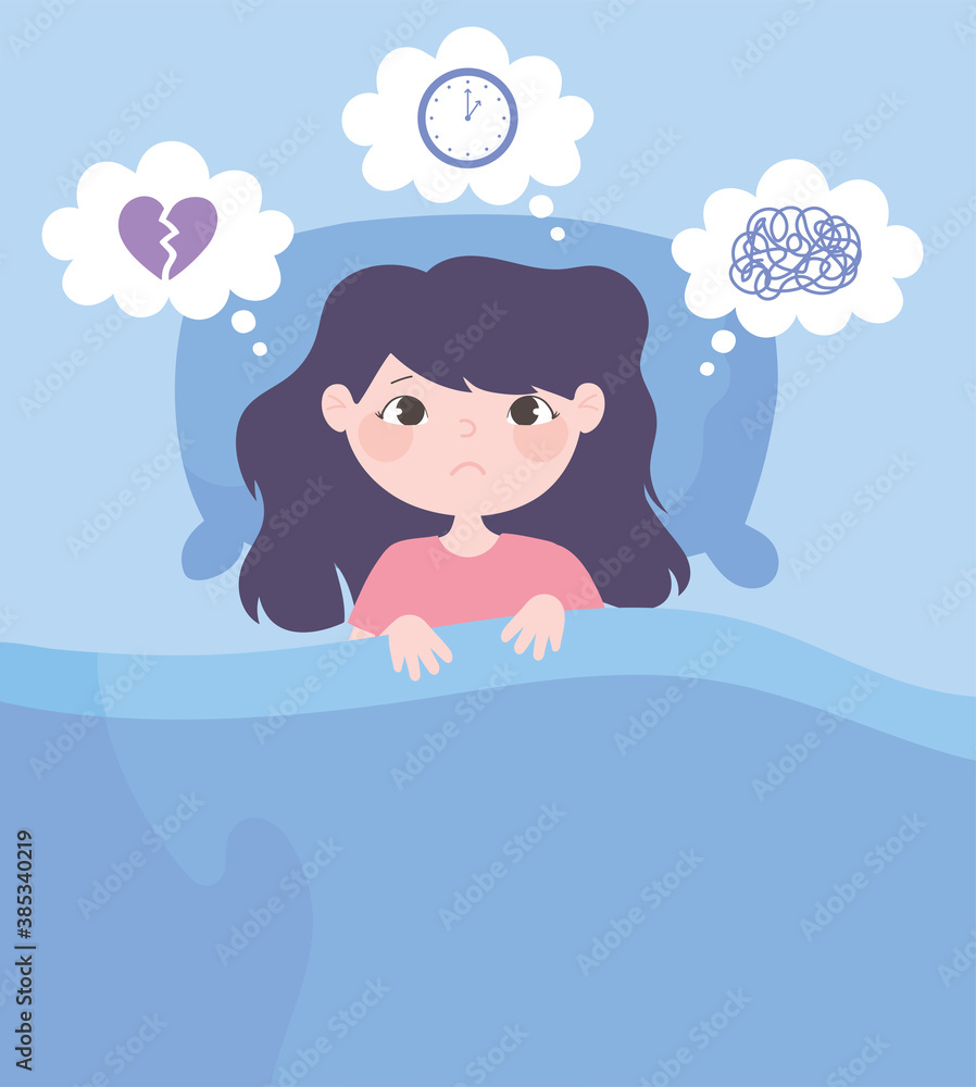 insomnia, girl cartoon on bed with headache worried insomnia, girl cartoon on bed with headache worried