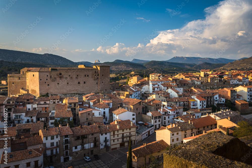 Mora de Rubielos city skyline with a view of the historical buildings, Teruel, Spain