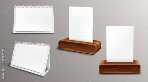 Calendar on wooden base mockup, loose-leaf almanac with blank pages and binder. Desktop paper calender mock up front and side view, isolated agenda, template. Realistic 3d vector illustration, set