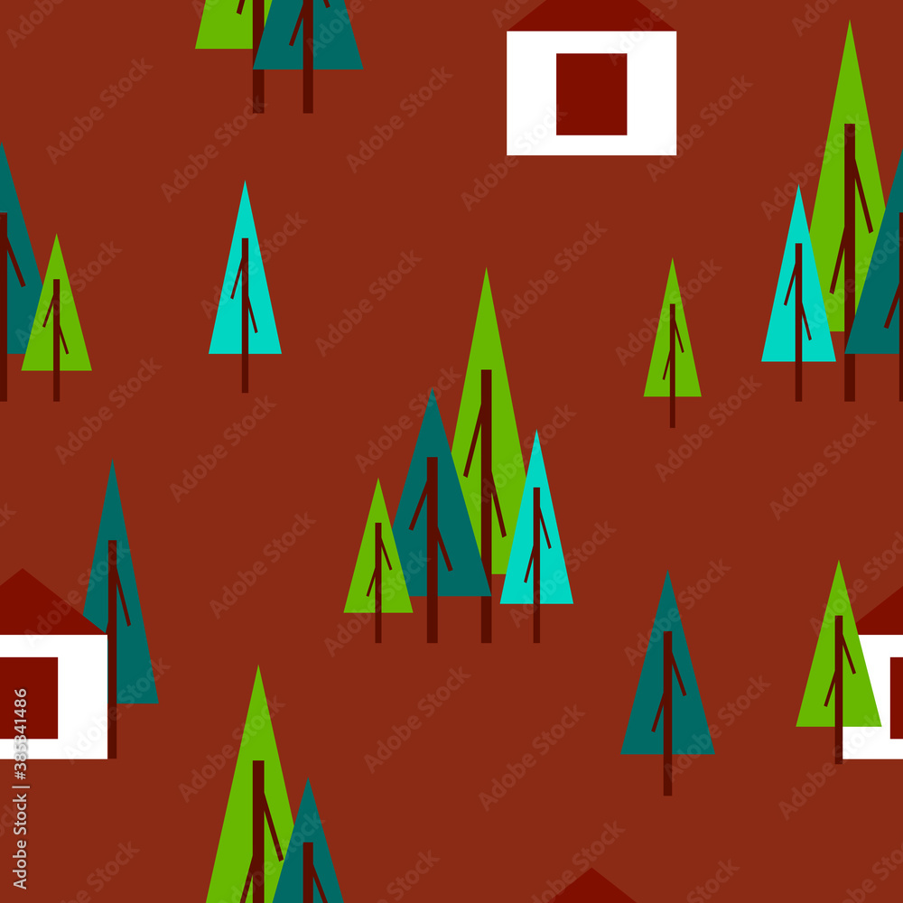 Seamless pattern with green fir trees and white country house. Black background. Cartoon style. Garden or forest. Nature and ecology. Postcards, wallpaper, textile, scrapbooking and wrapping paper Seamless pattern with green fir trees and white country house. Black background. Cartoon style. Garden or forest. Nature and ecology. Postcards, wallpaper, textile, scrapbooking and wrapping paper