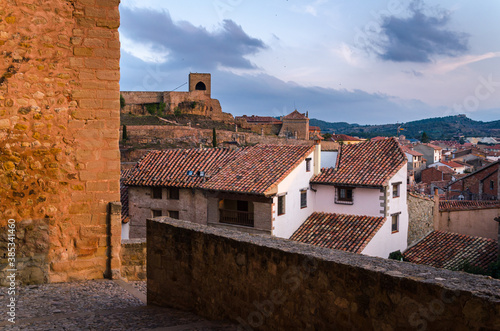 Mora de Rubielos city skyline with a view of the historical buildings, Teruel, Spain