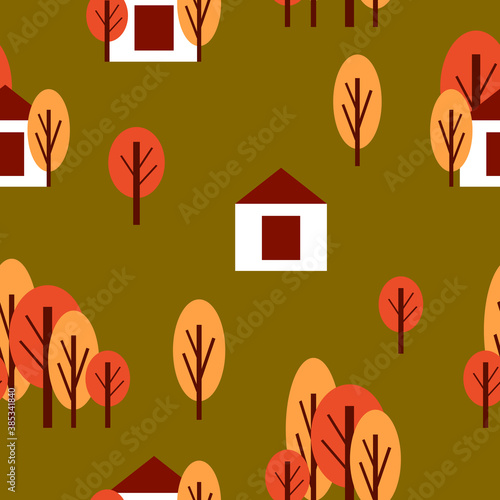 Seamless pattern with autumn trees and white country house. Red and orange. Green background. Cartoon flat style. Garden or forest. Postcards, wallpaper, textile, scrapbooking and wrapping paper