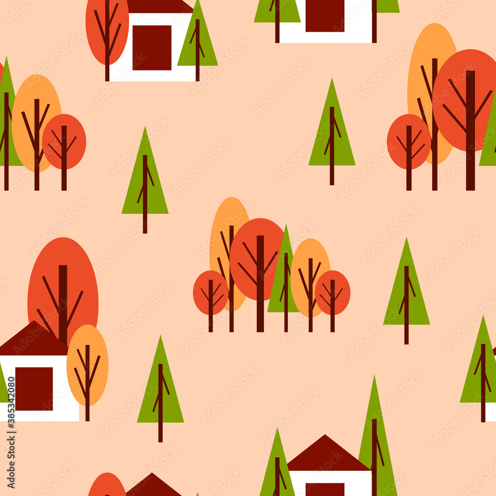 Seamless pattern with autumn trees and white country house. Red, green and orange. Beige background. Cartoon style. Garden or forest. Postcards, wallpaper, textile, scrapbooking and wrapping paper Seamless pattern with autumn trees and white country house. Red, green and orange. Beige background. Cartoon style. Garden or forest. Postcards, wallpaper, textile, scrapbooking and wrapping paper